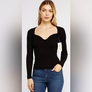 Dance & Marvel Black Ribbed Sweetheart Neck Long Sleeve Top